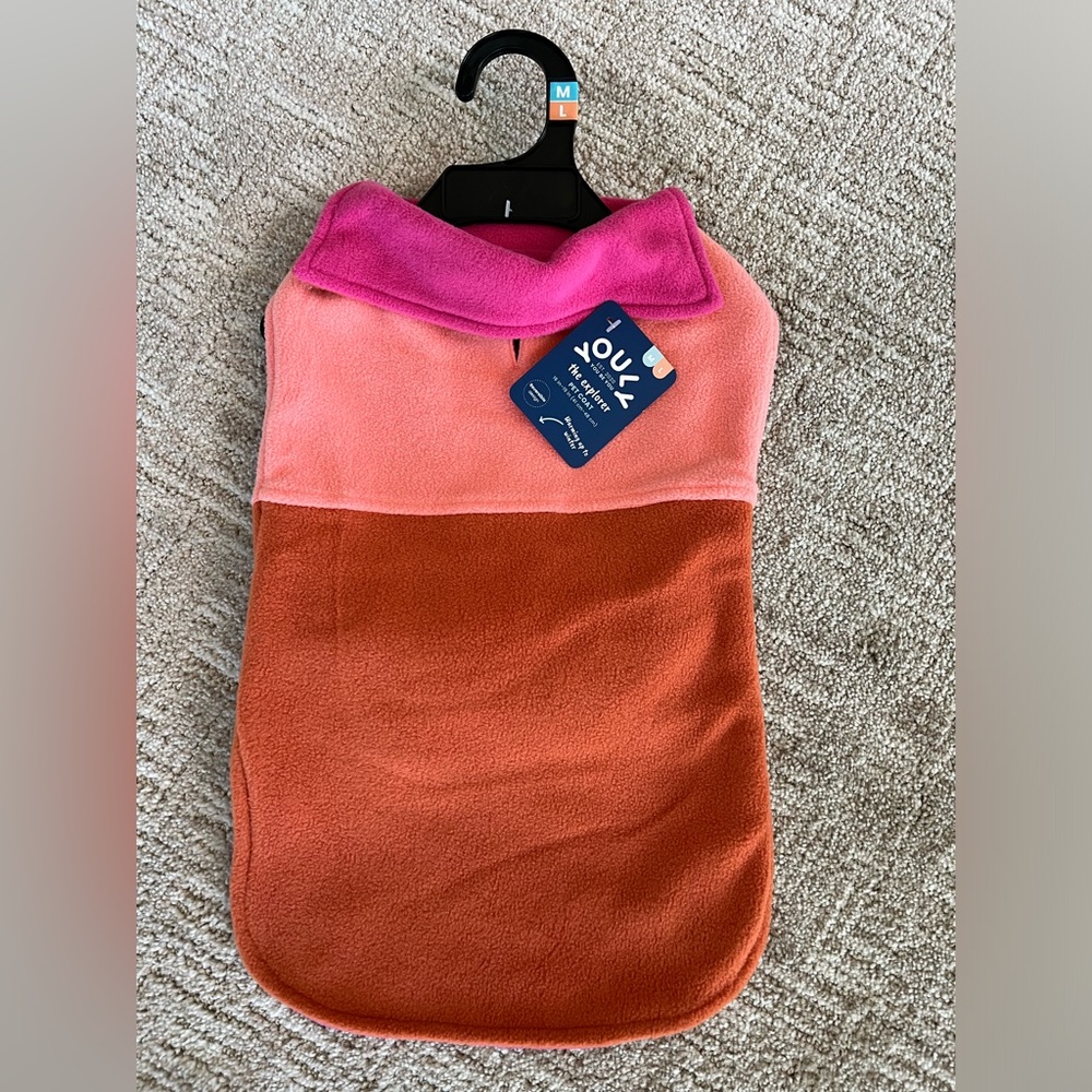 NWT - YOULY - Fleece Pet Coat - M/L - Orange/Pink